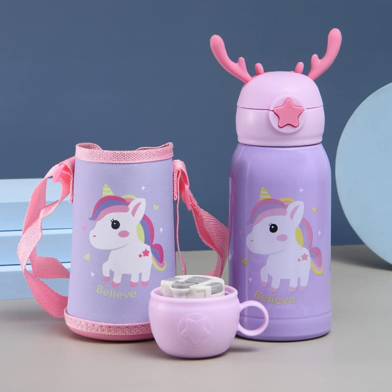 Cartoon Animal Theme Hot & Cold-Water Bottle for Kids @ 330 Double Walled Thermos Flask Vacuum Insulated Stainless Steel Bottle, Dual Cap School Bottle with Straw & Screw Cap